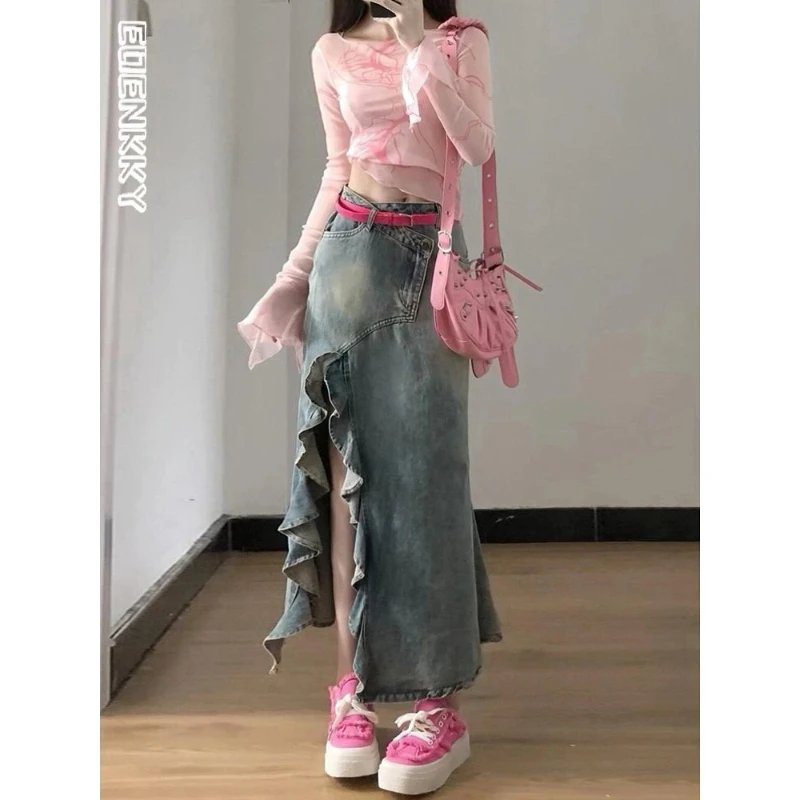 Fish Tail Irregular Denim Skirt Women American Vintage Split Hem High Waist A-Line Skirts Summer Korean Hot Girl Long Skirt 2024