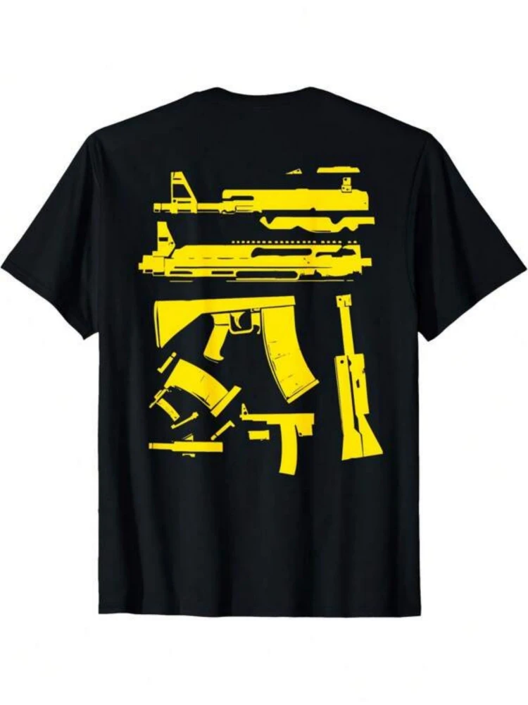 with Yellow Gun,AK-47/RPG/Draco Design,with AK-47&RPG-7 Graphics-100% cotton O-neck short sleeve printed men's T-shirt.