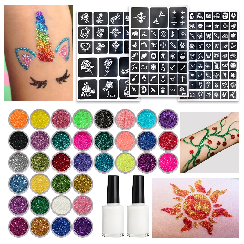 DIY Flash Tattoo 36 Colors of Glitter,Includes Multiple Tattoo Templates Glue Brushes Set,DIY Glitter Cartoon Sticker Tattoo Set