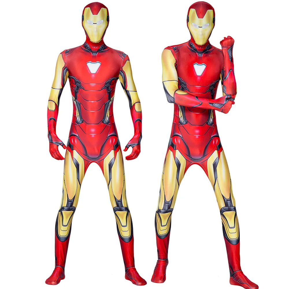 Anime Gold Iron Man Spider Costume Attached Mask Adult Kids Superheroes Zentai Jumpsuit Child Carnival Party