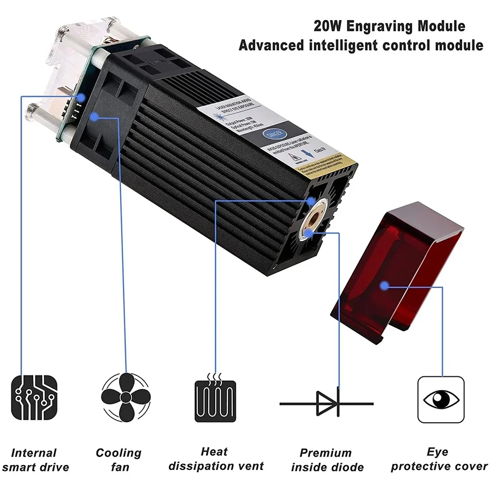 20W Laser Module 12V High Power Laser Head Double Ultra-Fine Compressed Spot For DIY Laser Engraving Machine Cutting MDF