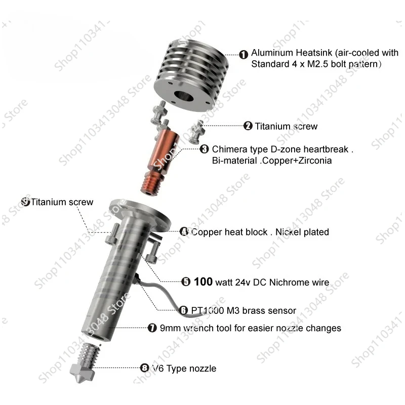 

3D Printer Hotend High-Speed V6 Nozzle 100w 24V Compatible for