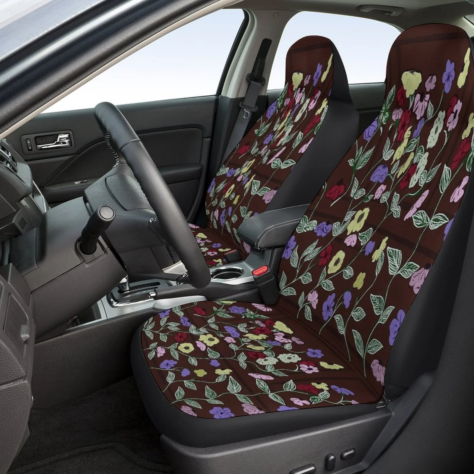 Floral Pattern Car Seat Covers Set - Trendy Novelty Decorative Full Set For 2 Front & Rear Seats, Machine Washable, All-Season P