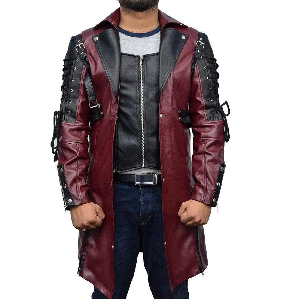 Men's Halloween Medieval Cosplay Punk Gothic Style Leather Jacket Long Zipper Collar Print Casual Fashion Outerwear Coat