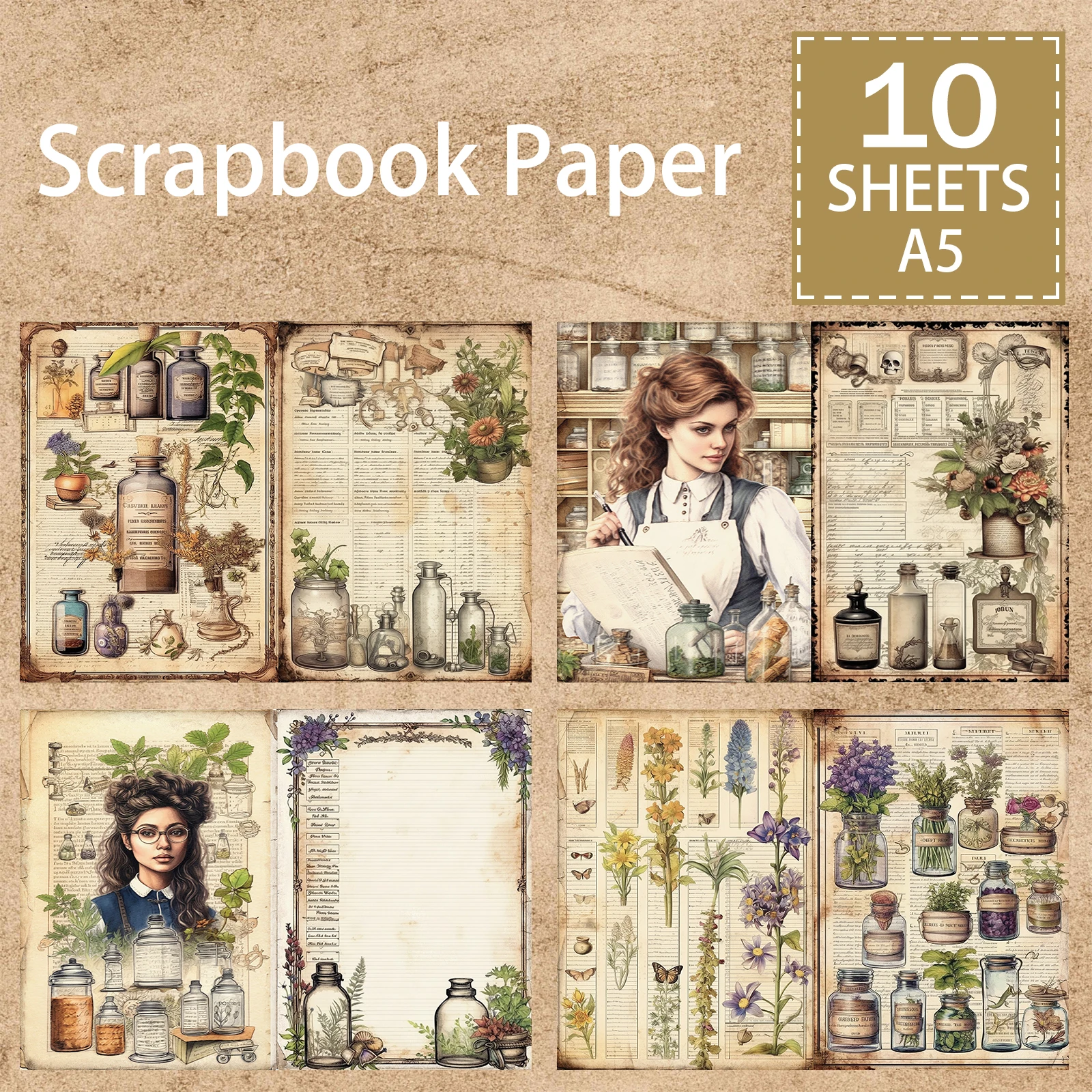 10 Sheets A5 Size Beautiful Girl pharmacist And Laboratory Equipment Background Vintage Grunge Journal Planning Scrapbooking