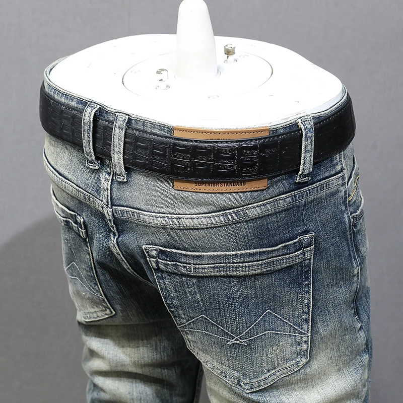 Fashion Vintage Men Jeans Retro Washed Blue Stretch Slim Fit Ripped Jeans Men Embroidery Patched Designer Denim Pants Hombre