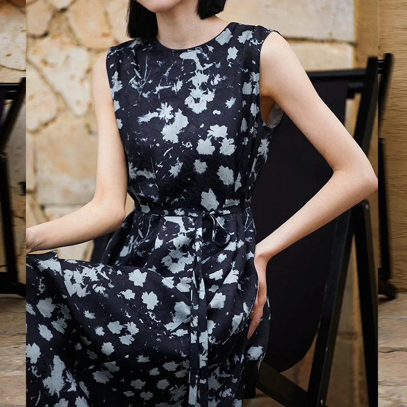 Silk Flower Print Sleeveless Slim Waist Dress 2025 Summer Mulberry Silk French Temperament Thin Floral Dress