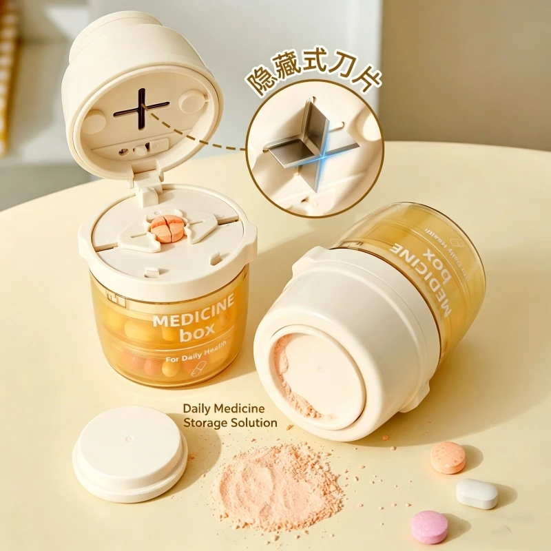Three in One Precision All Four Medicine Box, Press Type Grinding Powder Cutter, Grinder, Tablet Storage and Storage Box
