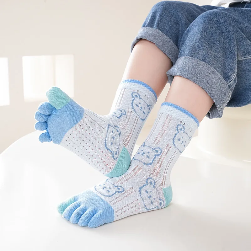 5 Pairs Baby Mesh 5 Fingers Socks Summer Ultra-thin Cartoon Bear Head Glass Silk Cotton Split Toe Socks for Kids Boys Girls Gift