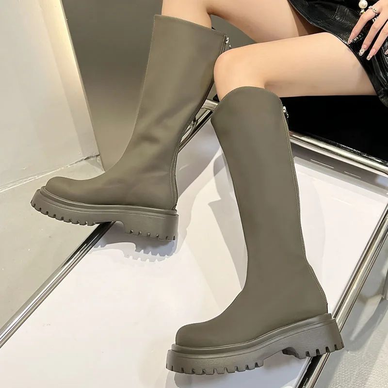 Fashion Round Toe Long Ladies Modern Boots Zippers Outdoor Female Casual Thick Soled Shoes Chelsea Women Knee High Boots