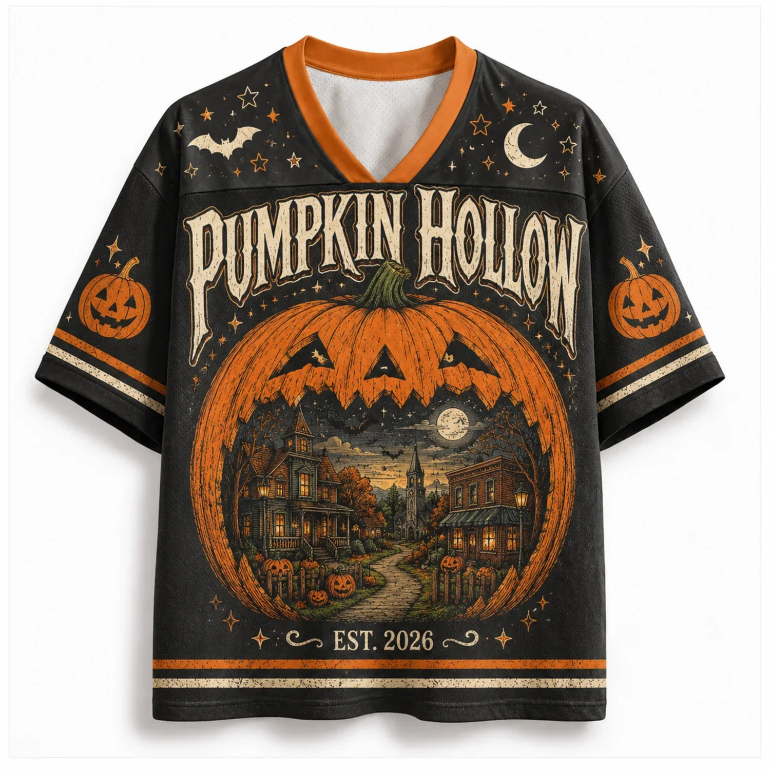 3D Printed Halloween Pumpkin Hollow 31 Haunted House T-shirt Breathable Mesh V-neck Short Sleeved Retro Knitted Street Top