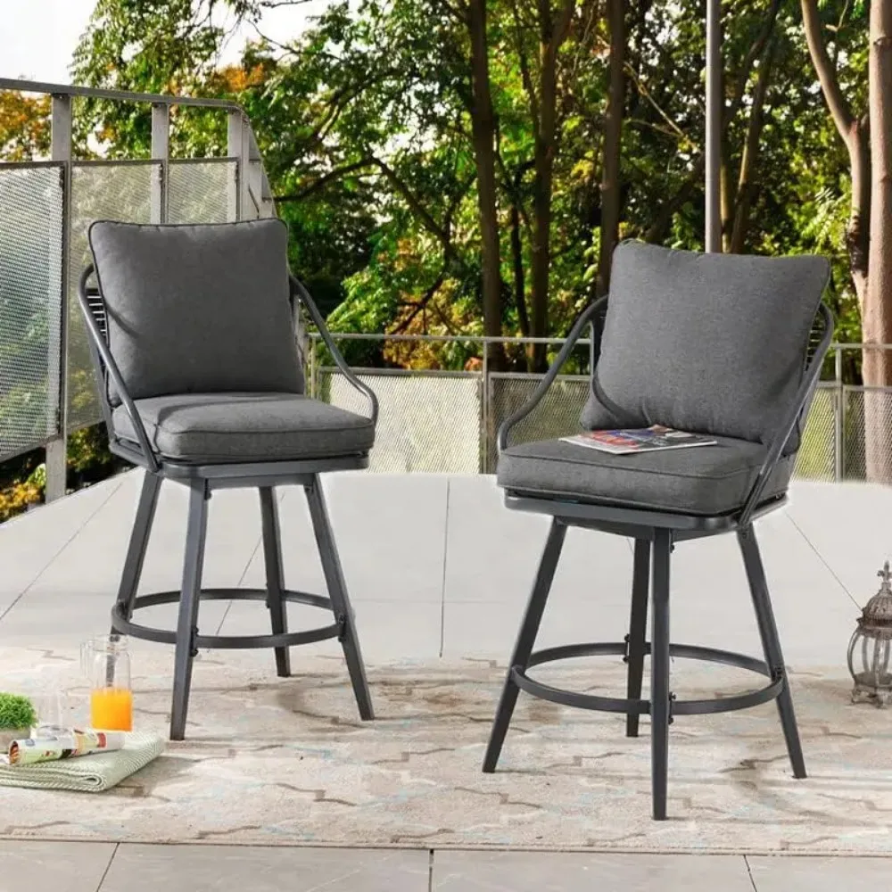 Outdoor Swivel Bar Stools Set of 2,Bar Height Patio Chairs Cushioned Metal All Weather Garden Furniture for Deck Porch Backyard