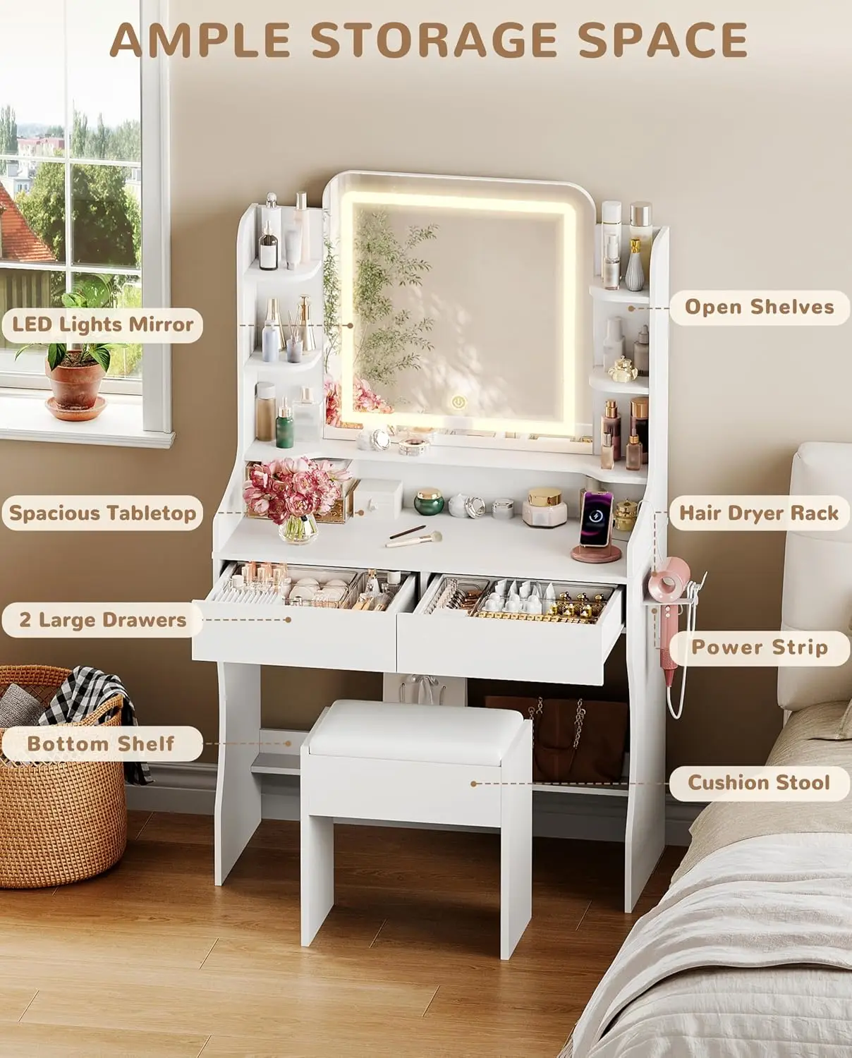 Vanity Desk Mirror Lights 3 Color Brightness 2 Drawers Open Shelves Dressing Table Chair Power Strip Bedroom White, Customized