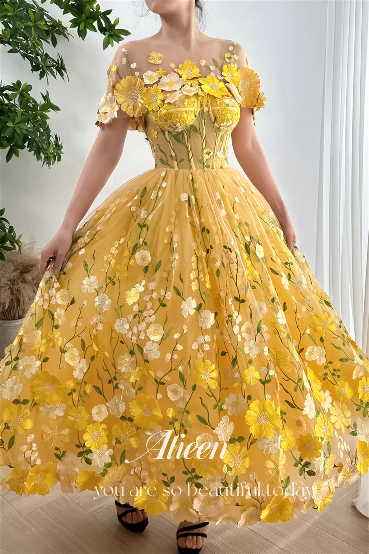 A-line Applique Embroidery Yellow Prom Gown Formal Dress Women Elegant Party Vintage Dresses Woman Ball customized Gowns Evening