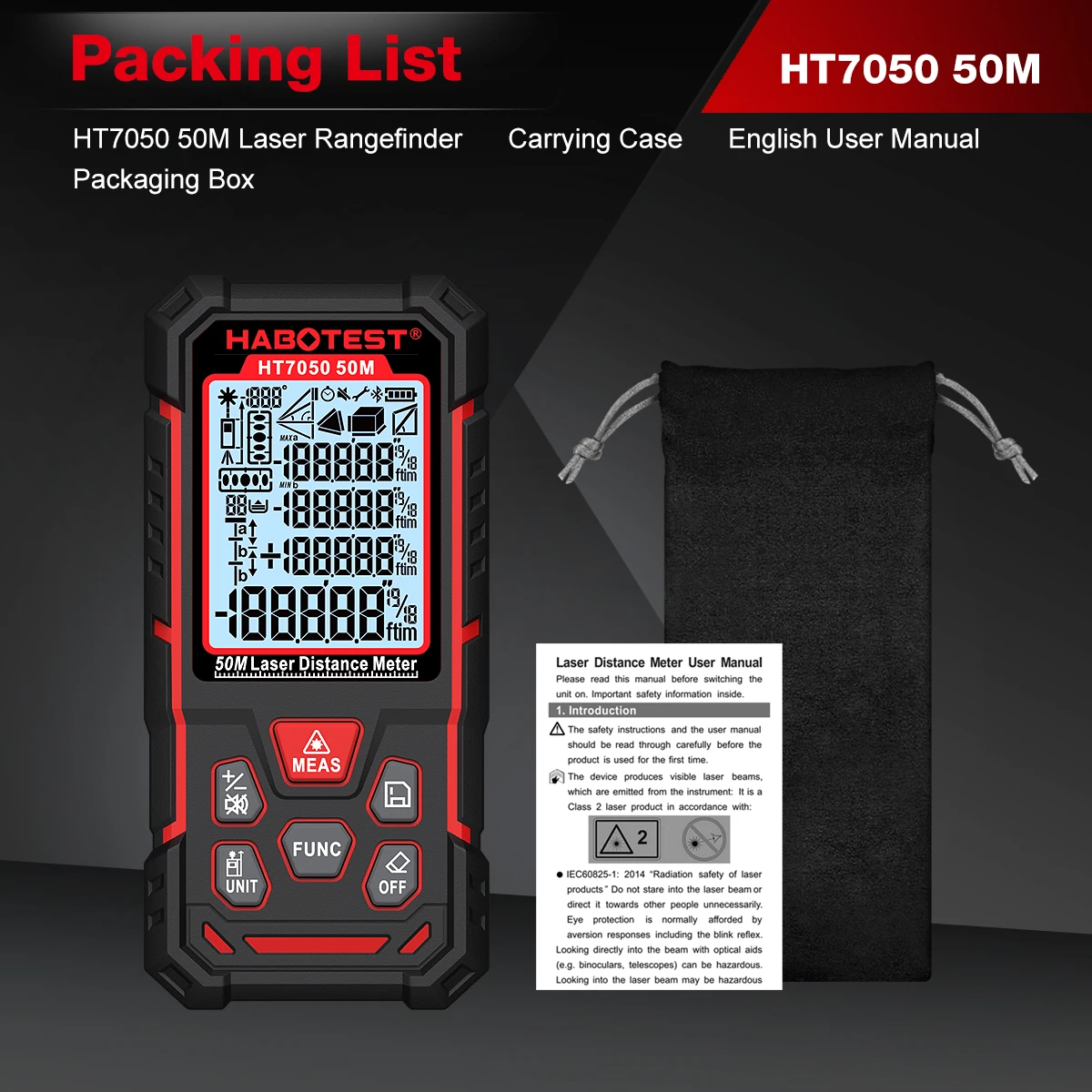 HABOTEST HT7050 50M Laser-Entfernungsmesser ±1,5mm Hochpräziser Digitaler Distanzmesser IP40 Neigungsmesser Messwerkzeug für Bauarbeiten – Detail 10