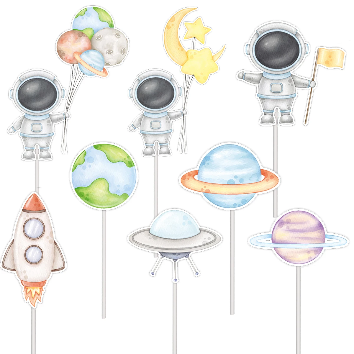 16 Stück Karton-Flugzeug-Raketen-Kuchenaufsätze, Aquarell-Astronauten-Papier-Cupcake-Aufsatz für den Weltraum des Jungen, Geburtstagsfeier-Dekoration – Detail 3