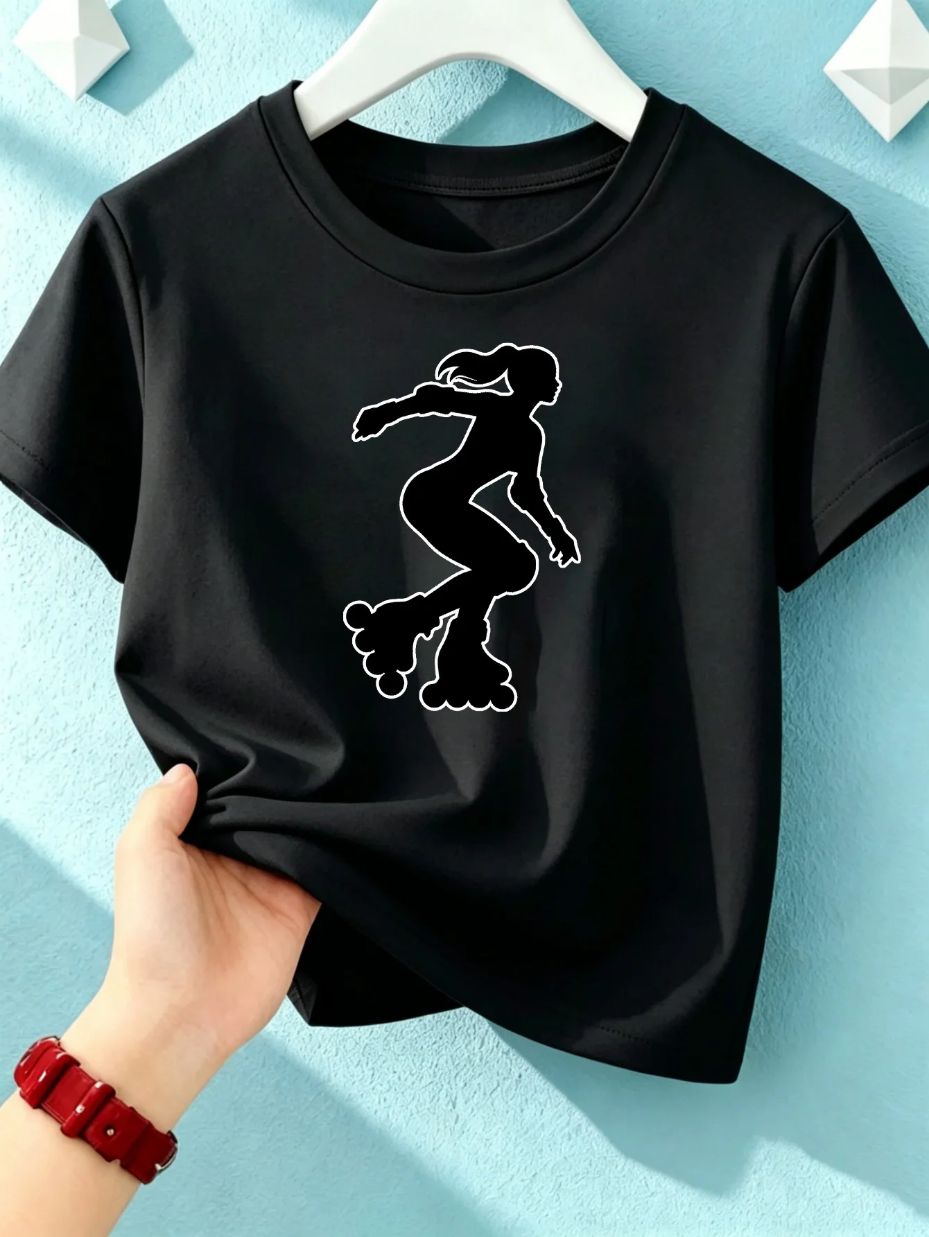 Roller Skating Girl Silhouette Sport Print Kids T Shirt Girls Short Sleeve Crew Neck Cotton Parent Matching Tops Toddler Youth