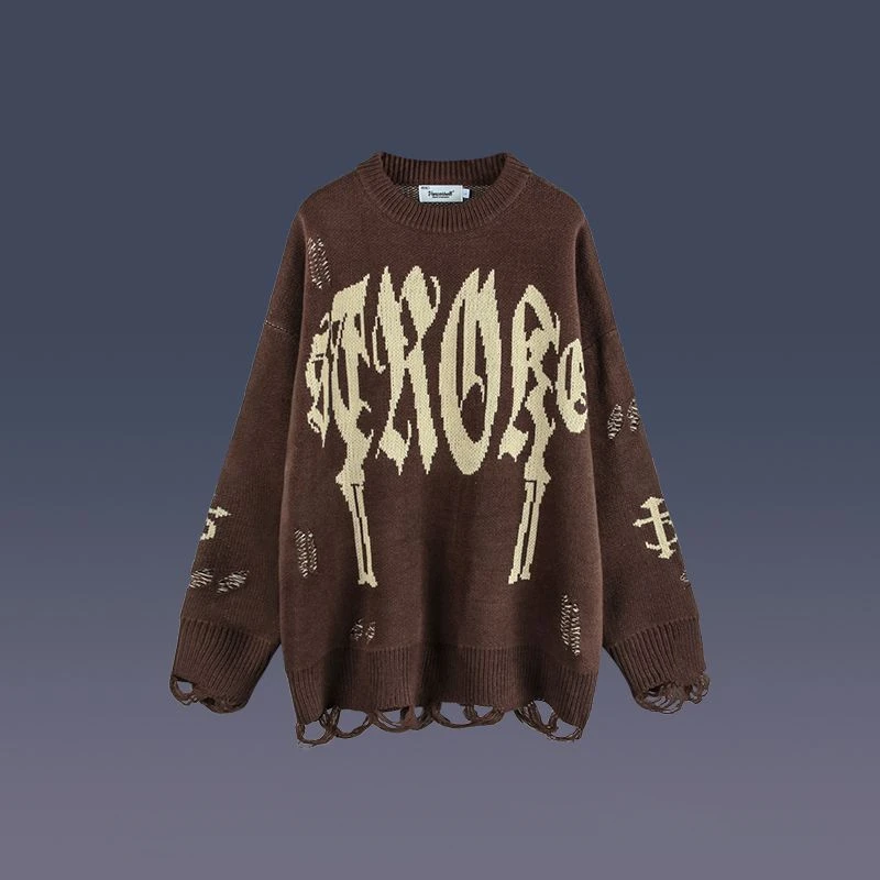 Pullovers Men Holes Letter Print Fashion Autumn Winter Loose Casual Sweaters Couples High Street O-neck Ripped Design Popular