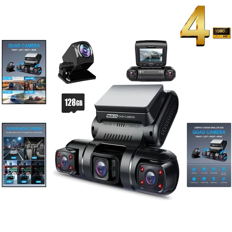 Dash Cam FHD 2K 4 Channel Car DVR 360 Panorama HD Auto Video Recorder With Night Vision WiFi GPS Car Cameras for Car Supplie NEW