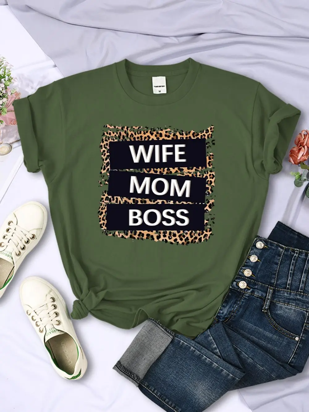 Straße Frau T-Shirts Frau Mama Boss Brief Leopard Drucke T-shirts Weiche Atmungsaktive Oansatz Kurzarm Sommer Casual Weibliche Kleidung – Detail 11
