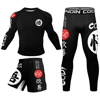 남성용 고무 미끄럼 방지 MMA 래쉬가드 세트, 승화 반팔 래쉬가드 셔츠 및 레깅스, 핫 스페셜 디자인, 도매