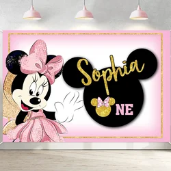 Disney Custom Name Background Party Backdrops Pink Minnie Mouse First Birthday Decorations Children's Decoration Photo Backdrops