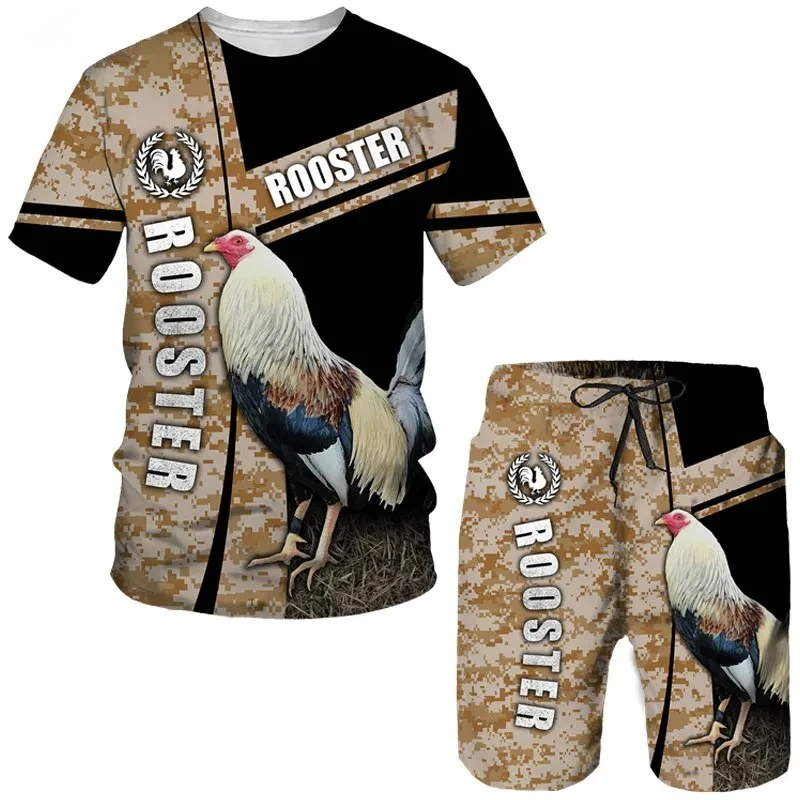 2025 Chicken Rooster Animal Men's 3D Printing Summer Men's Leisure Sports Set Fun Hunting Chicken Camo T-shirt Shorts Set