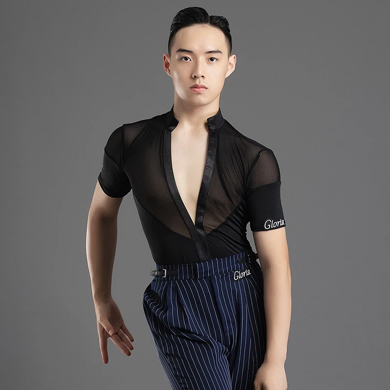 

Black Latin Dance Tops Men Competition Clothing Stand Collar V-Neck Shirt Cha Cha Tango Performance Outfit Practice Top VDL4079