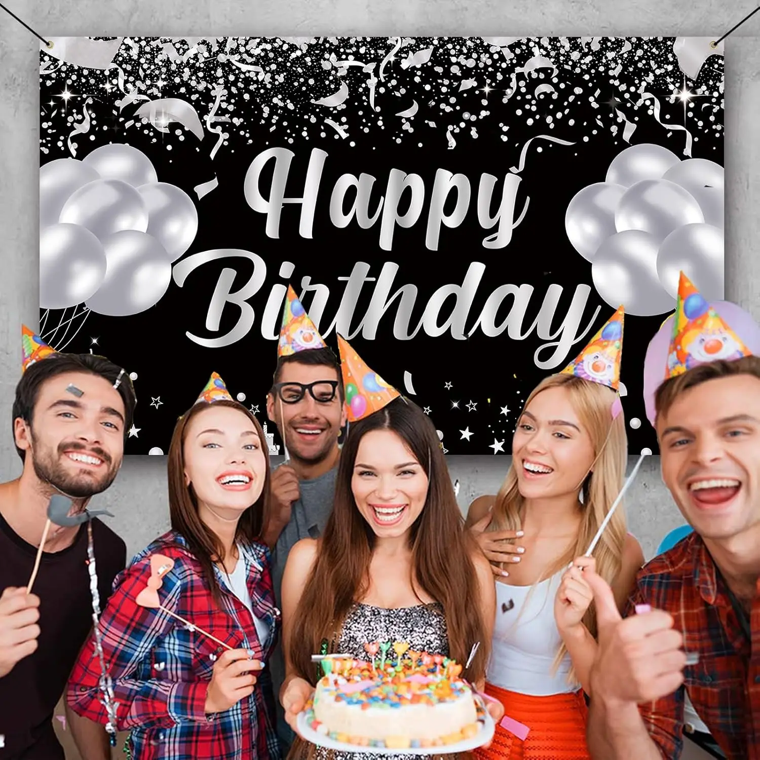 Happy Birthday banner background, black and silver birthday party decorations, birthday party supplies men and women