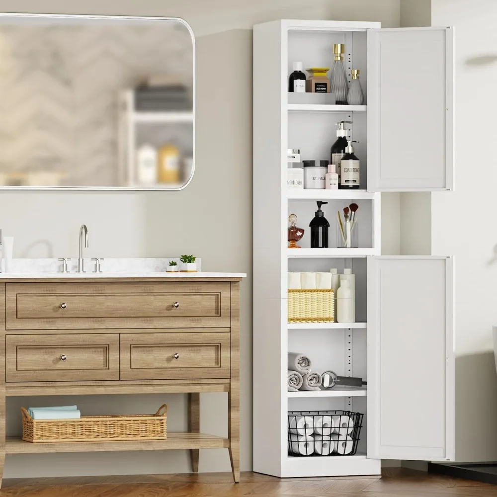 

67" H Narrow Pantry Cabinet,White Metal Pantry Cabinet with Reversible Do& Adjustable Shelves,Metal Storage Cabinet or Kitchen,H