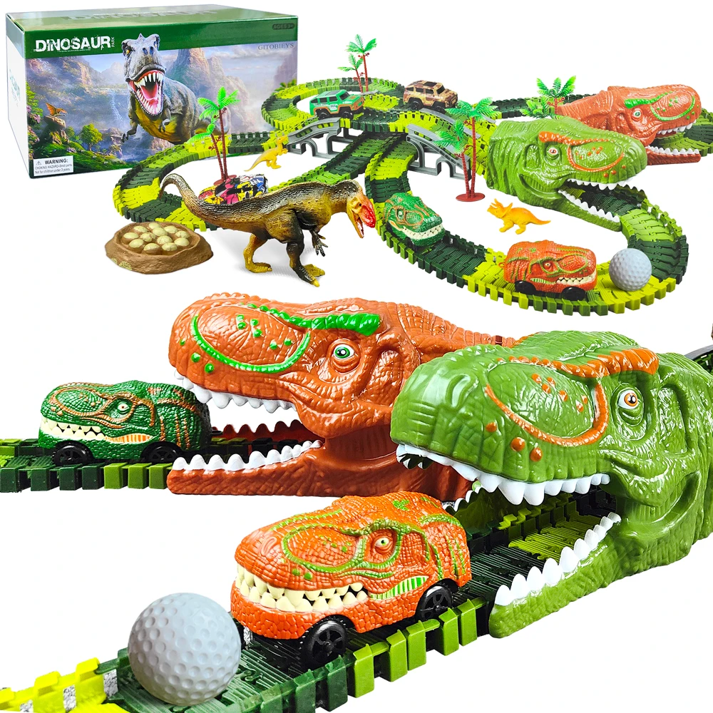 Dinosaur Railway Toy Car Kids Track Racing Track Toys Set Bend Flexible Race Track Flash Light Car Educational Toys for Kids Gif