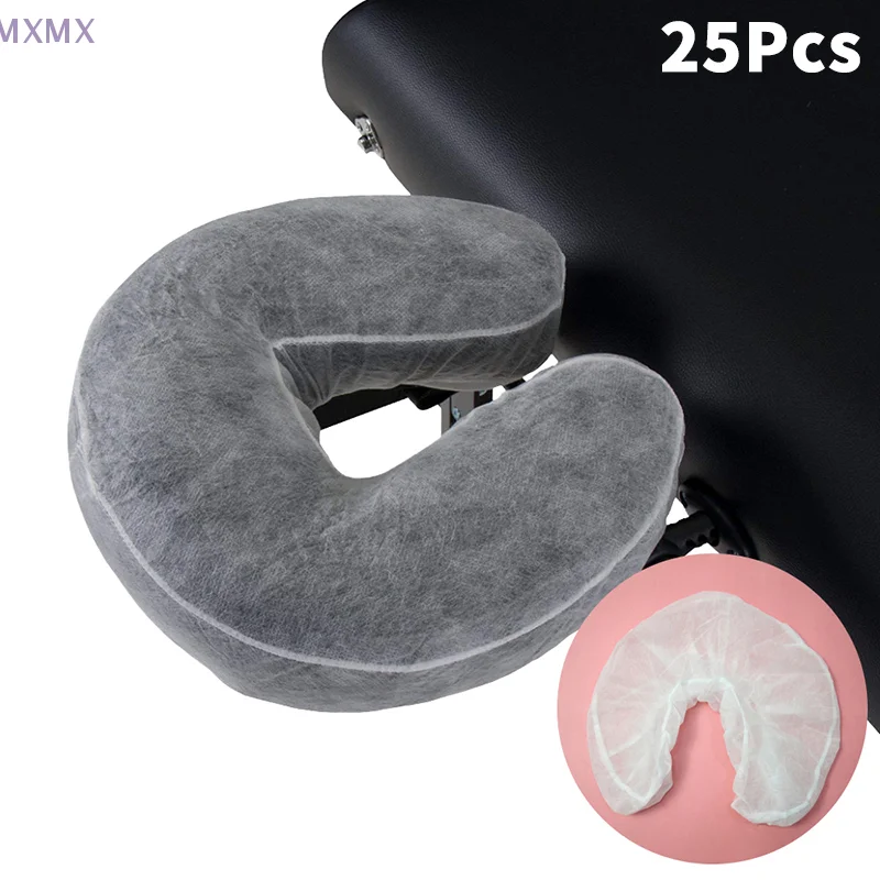 25Pcs Elastic Non-Woven Headrest Covers White U-Shaped Pillowcase Disposable Massage Face Rest Cradle Cover For SPA Salon