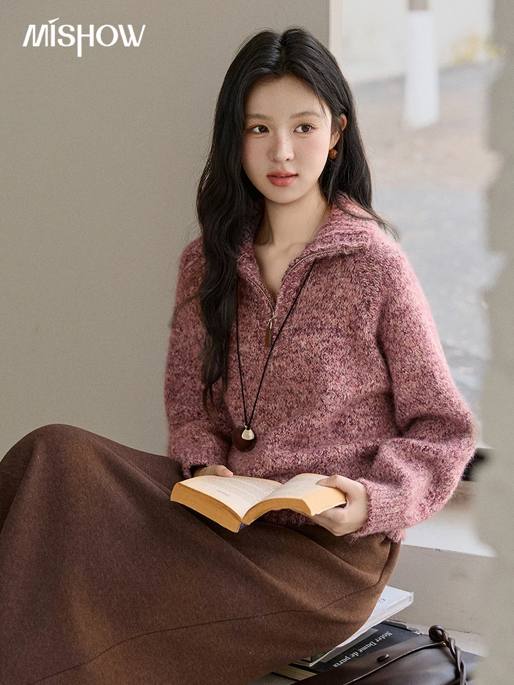 

MISHOW Women's Pink Speckled Knitted Sweater 2025 Autumn Winter Half-Zip Collar Sweaters Loose Warm Pullover Tops MXE91Z2852