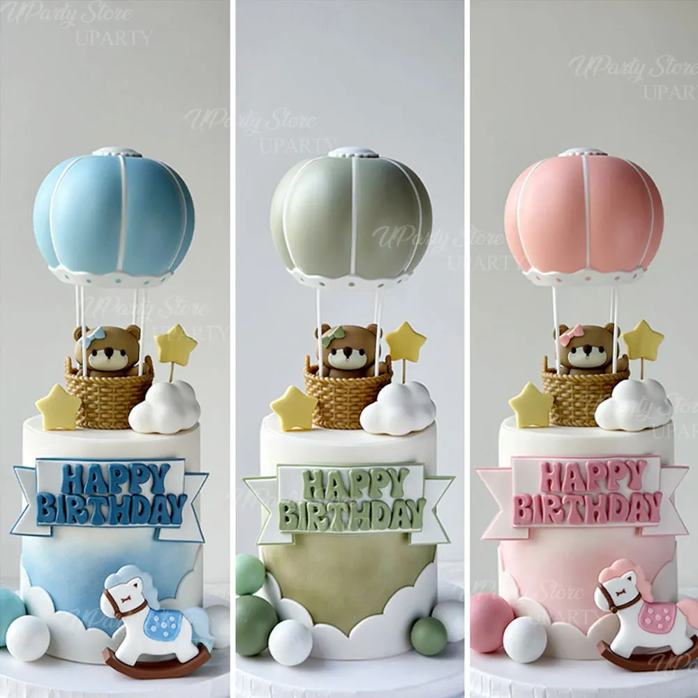 28pcs  Blue Hot Air Balloons Cake Decoration White Cloud Pink Blue Brown Bear Cake Toppers for Birthday Baby Shower Party Decor - view 6