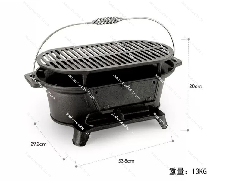 

Cast Iron BBQ Grill Uncoated with Grill Mesh, Large Wood Charcoal Fireplace for Outdoor Picnic Camping Team Building Ming