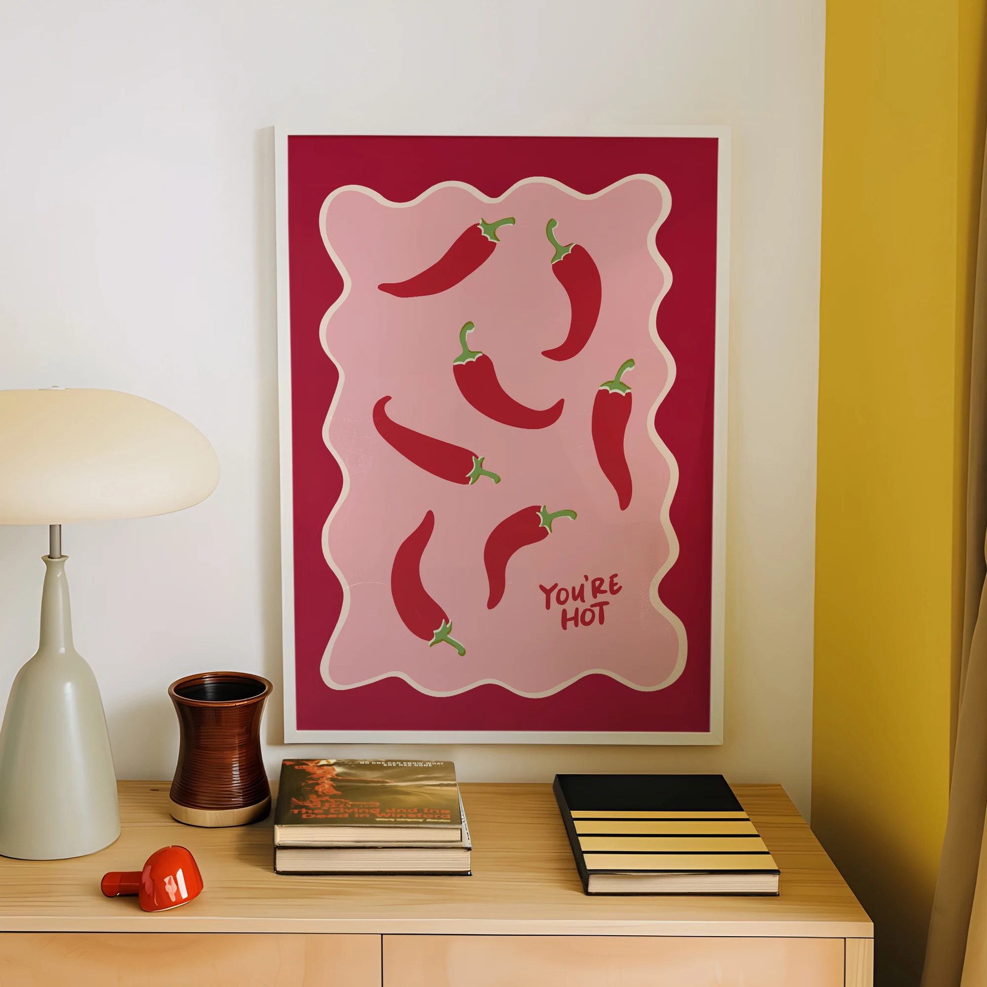 Chili Print You're Hot Wall Art, Retro Chilli Pepper Poster Cute Kitchen Decor, Trendy Pink & Red Print Hand Drawn Pepper Print view 4