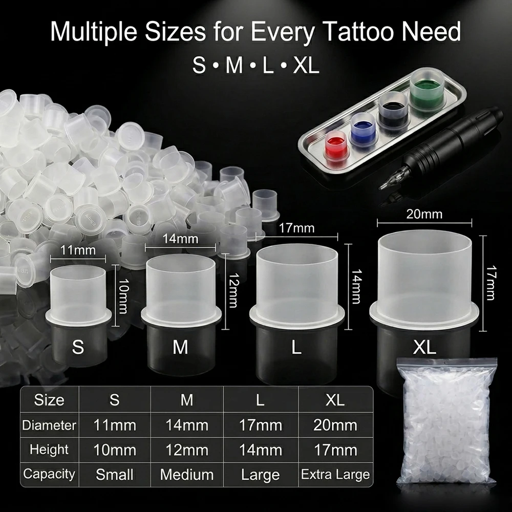 1000-100pcs Tattoo Ink Cups With Base S/M/L/XL Plastic Self Standing Ink Caps Clear Pigment Cup Permanent Tattoo Accessories