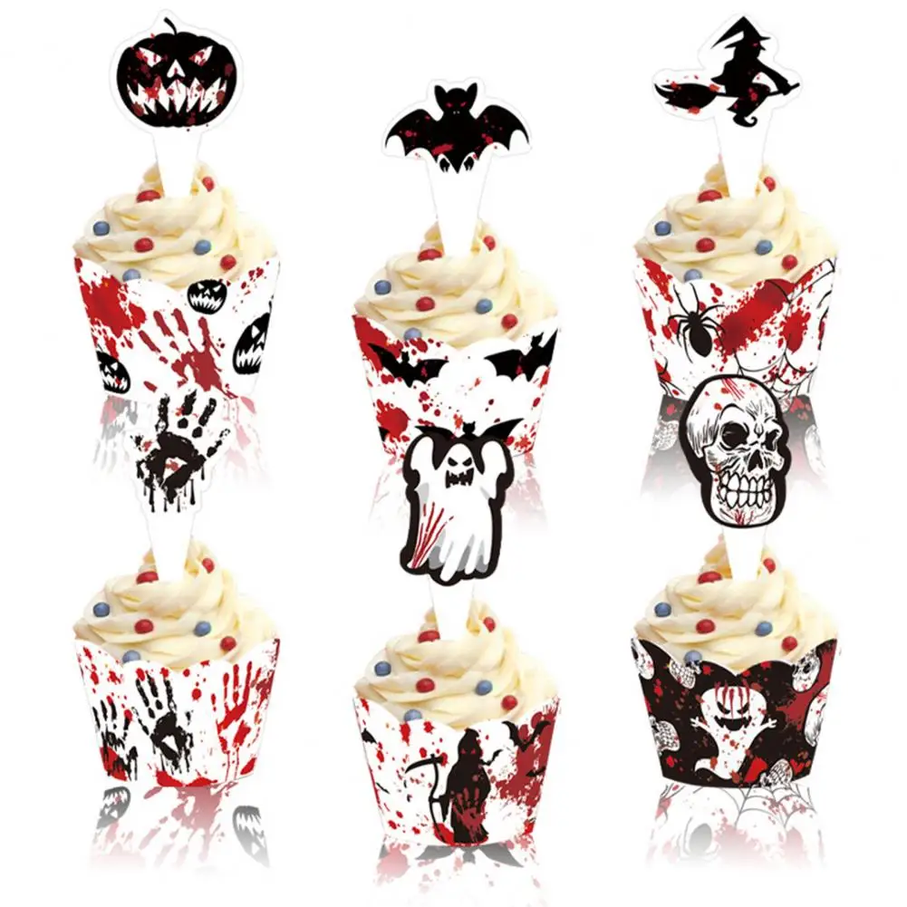 12Pcs Spooky Halloween Cupcake Toppers Eco-friendly Paper Decorations Unique Cupcake Rim Inserts for Party Desserts