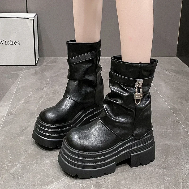 10CM Heels Women's Autumn Winter Leather Ankle Boots Chunky Platform Combat Boots New Non Slip Motorcycle Shoes Woman Punk Boots