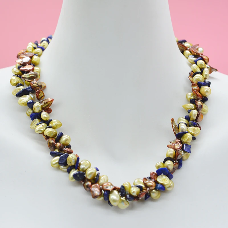 Charming baroque pearl necklace. 7MM Natural Baroque Pearl/Semi-precious Stone 3 Strand Braided Jewelry