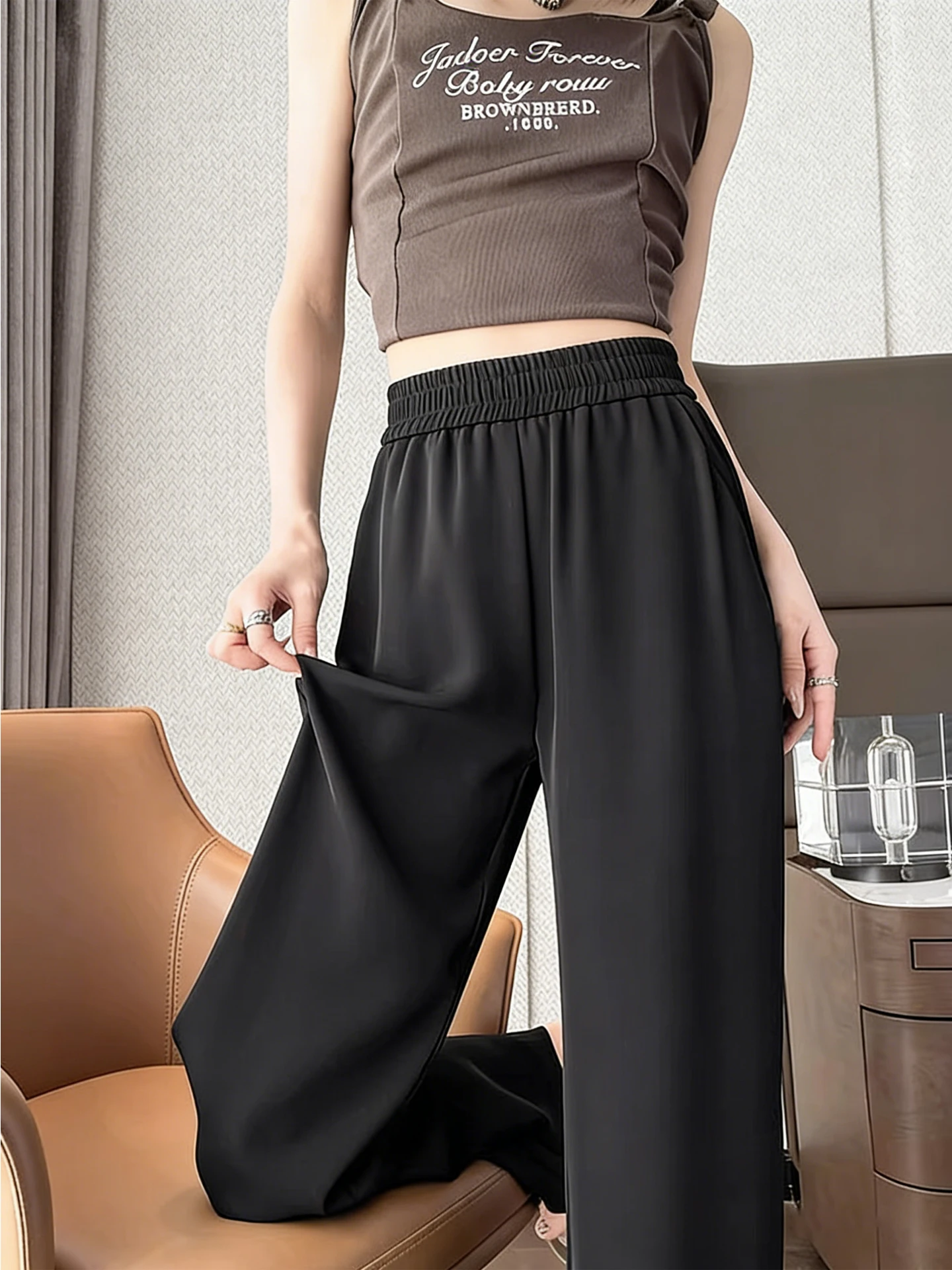

Black Silk Wide Leg Pants Women Summer New Style Loose Fit Straight Cut Trousers Commute Style High Waist Polyester Fiber