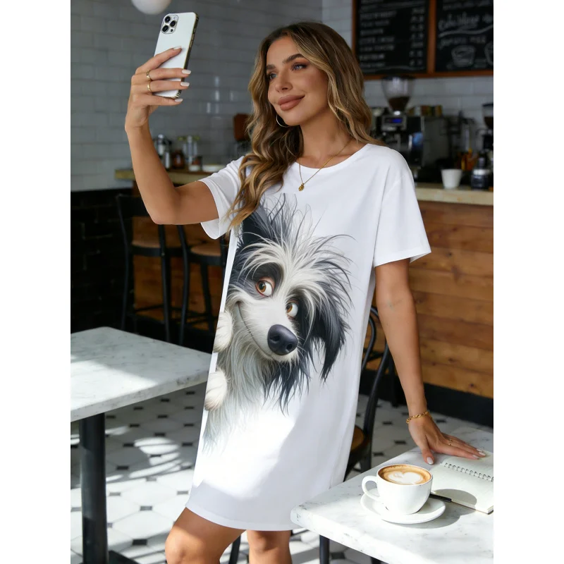 

Women Nightdress Round Neck Short Sleeve Spring Summer Cute Peeking Dog Print