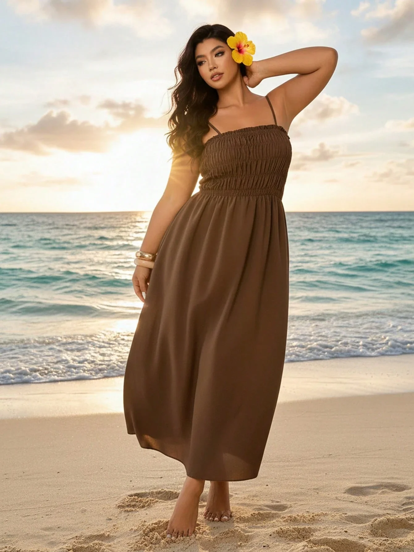 

Brown Plus Size Solid Pleated Pocket Maxi Dress Beach Vacation Casual Strap Dress