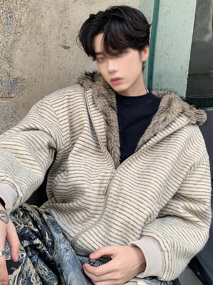 American Sle Hooded Ear Stripe Fur Collar Men's Cotton Jaet Winter Thiened Woolen Coat Casual Long Sve Zipper Closure