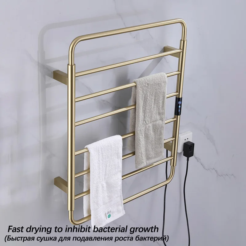 Brushed Gold Bathroom Towel Warmer Timing Electric Towel Rail 304 Stainless Steel Electric Towel Rack Fast Drying Towel Heater