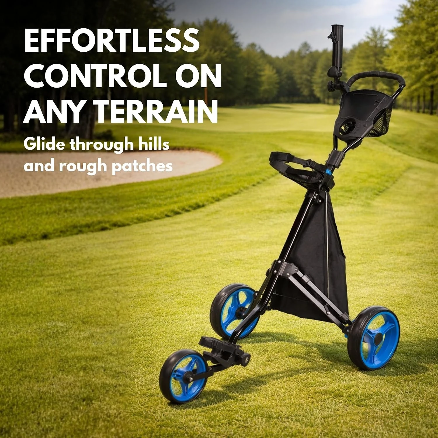 Three Wheel Golf Push Cart, Folding Pull Trolley With Foot Brake And Scorecard Holder For Outdoor Golf Course, Lightweight Metal Bag Carrier With Storage Pouch, Modern Sports Gear, Black, 1 Pack