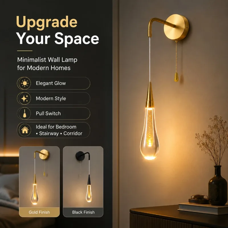 Wall Lamp Modern Crystal Water Drop Sconce Pull Chain Switch for Bedroom Bedside Living Room Hallway Hotel Creative Decor Light