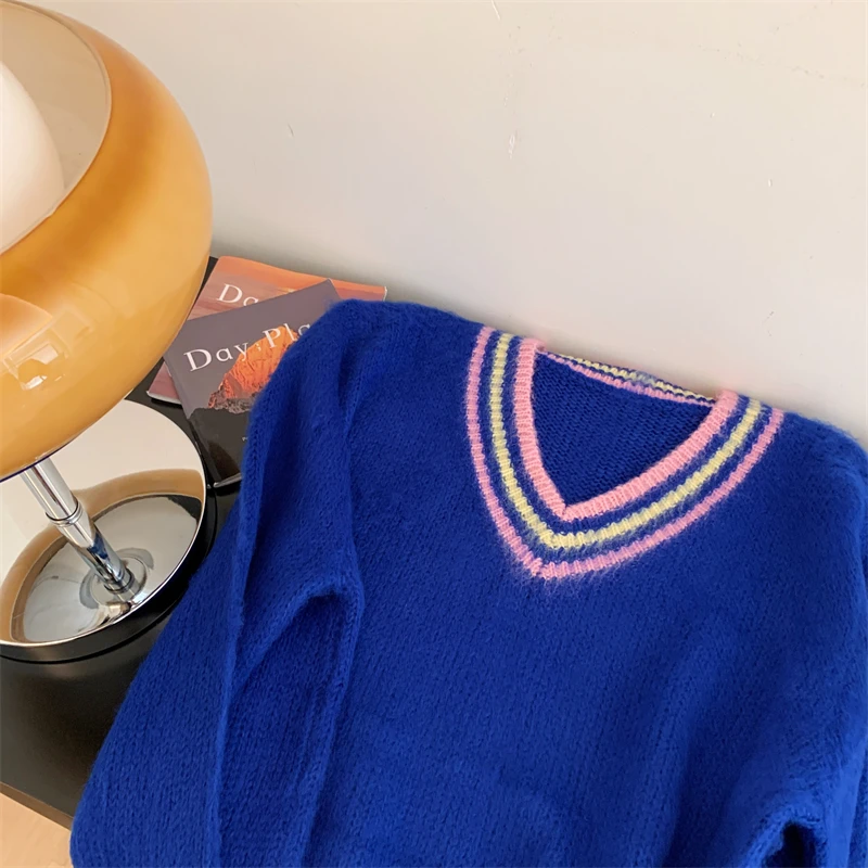 Maglione pullover a maniche lunghe con scollo a V blu da donna Harajuku anni 2000 Y2k stile coreano autunno e inverno nuovo maglione morbido e pigro