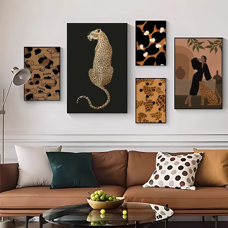 

Modern Leopard Black Brown Home Mural Autumn Decoration Canvas Poster Wall Art Livingroom Bedroom Exhibition Wall Decor Unframed