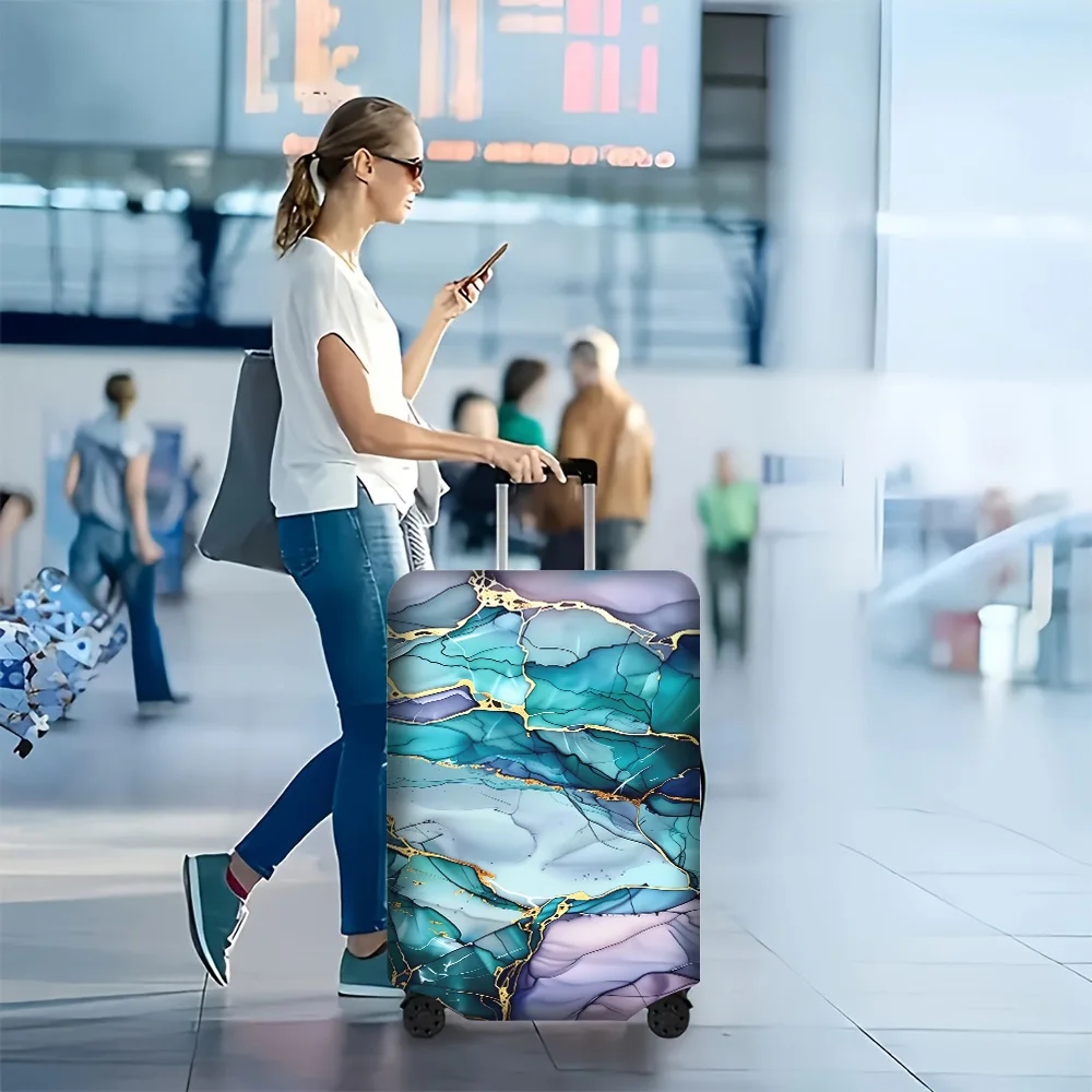 

1-piece abstract turquoise and gold marble luggage cover for luggage sizes 18-32 inches; a dustproof and resilient travel acc